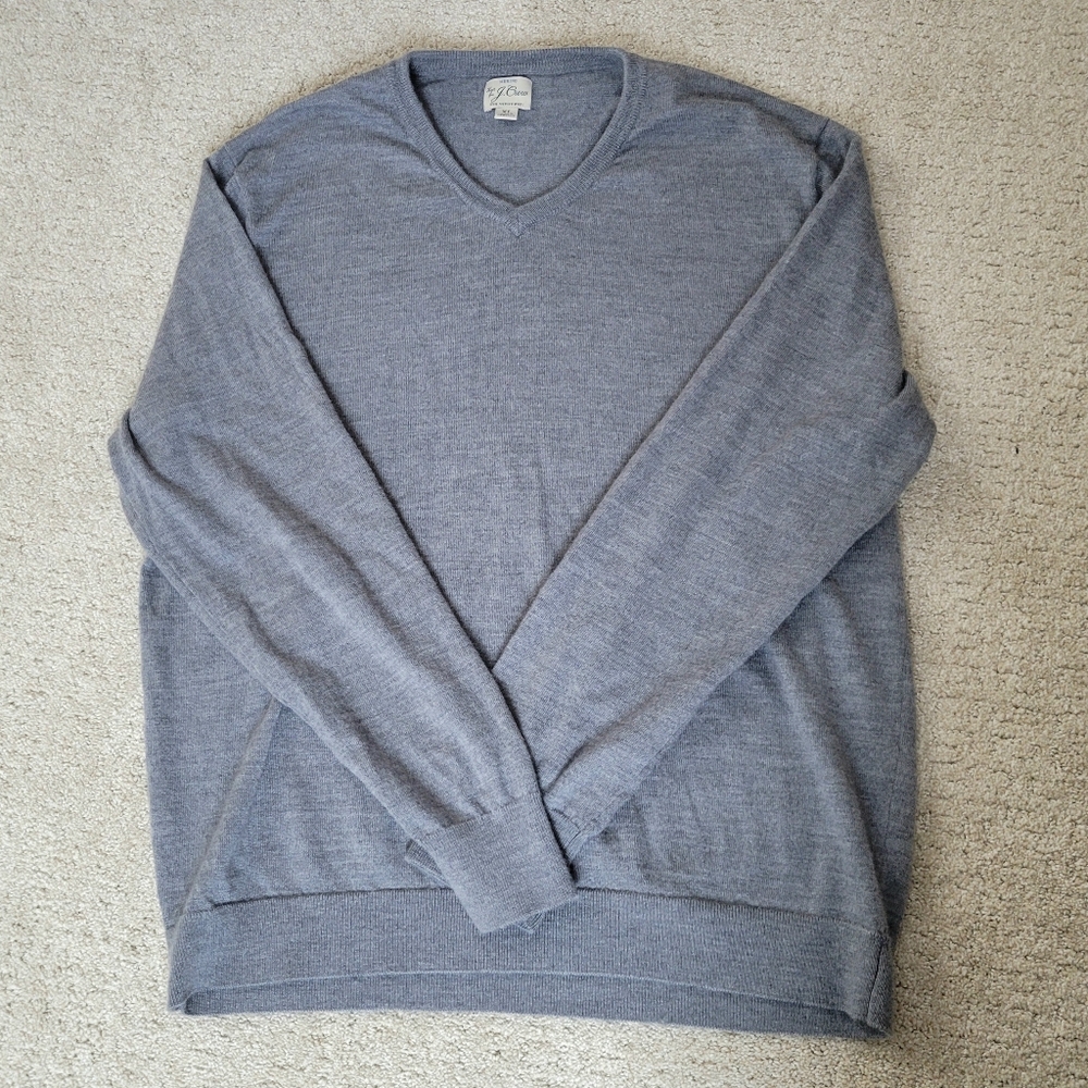 J Crew Sweater Mens XL Gray 100% Merino Wool V Neck Pullover Lightweight